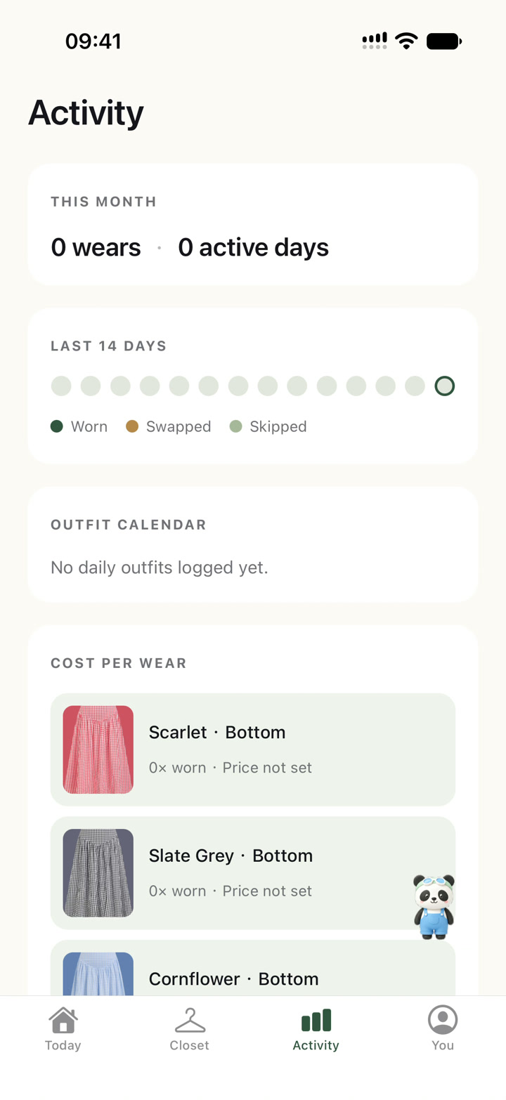 Wear log, outfit calendar and cost-per-wear list in Panda Closet