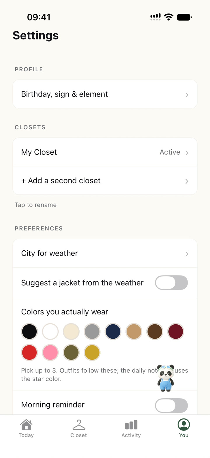 Panda Closet preferences for weather, closets and colors the user actually wears