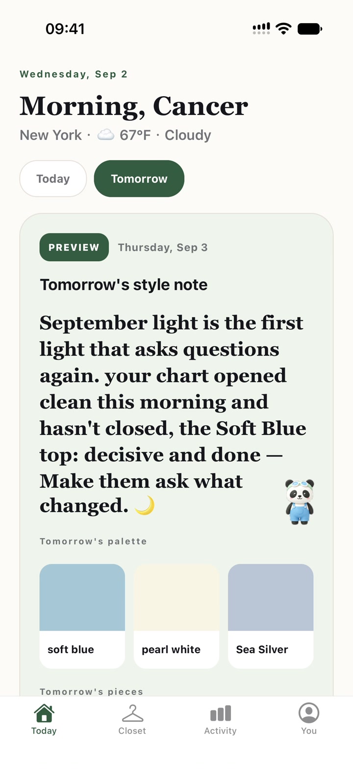 Tomorrow preview with local weather, an advance style note and a suggested color palette